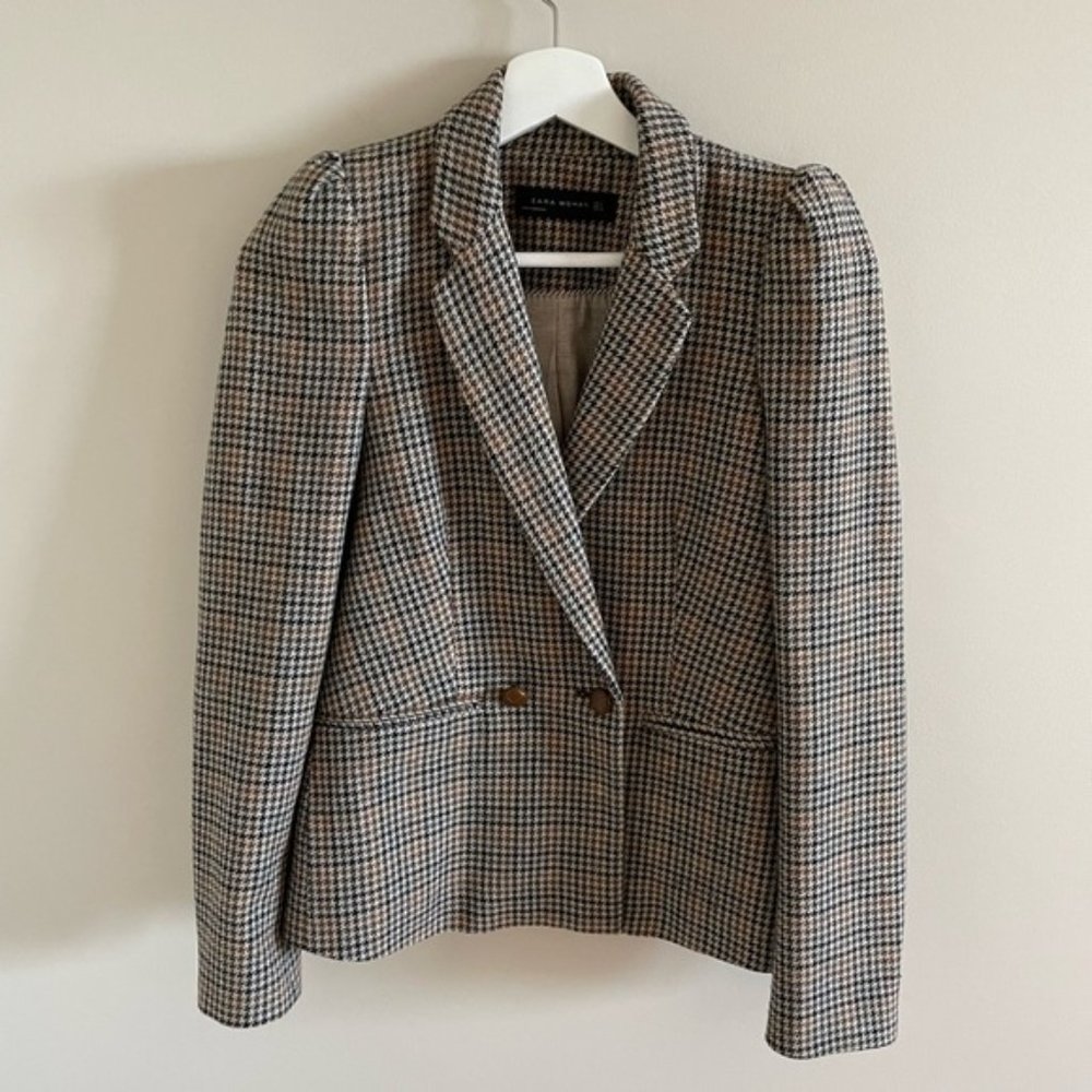 Zara Double Breasted Houndstooth Blazer Size Small - Dark Academia Aesthetic - Picture 1 of 12